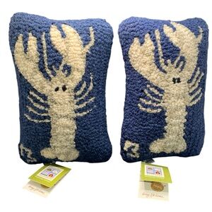 Lot Of 2 Artist Designed Lobster Hand Hooked Wool Blue Throw Pillows Signed